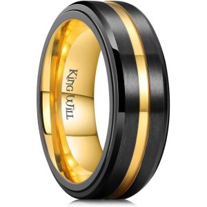 King Will 316L Stainless Steel Spinner Ring for Men Women-8mm Black/Silver/Gold Stress Anxiety Relief Fidget Ring Multiple Styles Wedding Band Comfort Fit Size 4-16(Black & gold line)