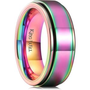 King Will 316L Stainless Steel Spinner Ring for Men Women-8mm Black/Silver/Gold Stress Anxiety Relief Fidget Ring Multiple Styles Wedding Band Comfort Fit Size 4-16(C-Polished Rainbow)