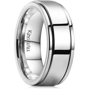 King Will 316L Stainless Steel Spinner Ring for Men Women-8mm Black/Silver/Gold Stress Anxiety Relief Fidget Ring Multiple Styles Wedding Band Comfort Fit Size 4-16(C-Polished Silver)