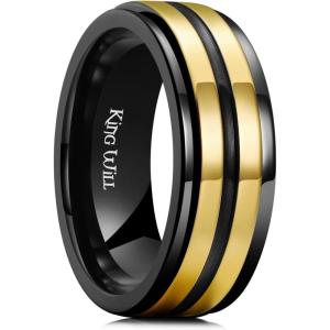 King Will 316L Stainless Steel Spinner Ring for Men Women-8mm Black/Silver/Gold Stress Anxiety Relief Fidget Ring Multiple Styles Wedding Band Comfort Fit Size 4-16(D-Grooved-Two Gold line)
