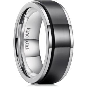 King Will 316L Stainless Steel Spinner Ring for Men Women-8mm Black/Silver/Gold Stress Anxiety Relief Fidget Ring Multiple Styles Wedding Band Comfort Fit Size 4-16(C-Polished Black Silver)