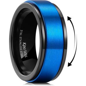 King Will 316L Stainless Steel Spinner Ring for Men Women-8mm Black/Silver/Gold Stress Anxiety Relief Fidget Ring Multiple Styles Wedding Band Comfort Fit Size 4-16(A-Matte Black Blue)