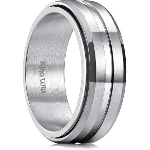 King Will 316L Stainless Steel Spinner Ring for Men Women-8mm Black/Silver/Gold Stress Anxiety Relief Fidget Ring Multiple Styles Wedding Band Comfort Fit Size 4-16(D-Grooved Silver)
