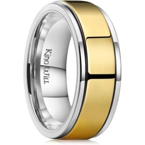King Will 316L Stainless Steel Spinner Ring for Men Women-8mm Black/Silver/Gold Stress Anxiety Relief Fidget Ring Multiple Styles Wedding Band Comfort Fit Size 4-16(C-Polished Gold Silver)