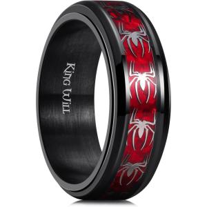 King Will 316L Stainless Steel Spinner Ring for Men Women-8mm Wedding Band wirh Red Skull/Spider Pattern in Black/Sliver Plated Comfort Fit Spinner Fidget Wedding Ring Size 7-14(Spider Red 8mm)