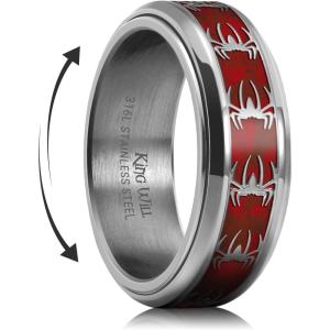 King Will 316L Stainless Steel Spinner Ring for Men Women-8mm Wedding Band wirh Red Skull/Spider Pattern in Black/Sliver Plated Comfort Fit Spinner Fidget Wedding Ring Size 7-14(steel-red)