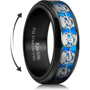 King Will 316L Stainless Steel Spinner Ring for Men Women-8mm Wedding Band wirh Red Skull/Spider Pattern in Black/Sliver Plated Comfort Fit Spinner Fidget Wedding Ring Size 7-14(blue-skull)