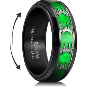 King Will 316L Stainless Steel Spinner Ring for Men Women-8mm Wedding Band wirh Red Skull/Spider Pattern in Black/Sliver Plated Comfort Fit Spinner Fidget Wedding Ring Size 7-14(black-green)