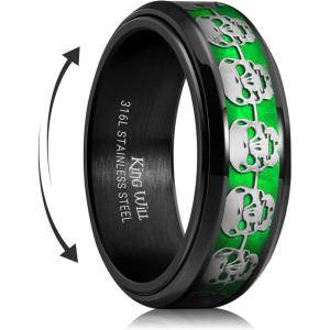 King Will 316L Stainless Steel Spinner Ring for Men Women-8mm Wedding Band wirh Red Skull/Spider Pattern in Black/Sliver Plated Comfort Fit Spinner Fidget Wedding Ring Size 7-14(green-skull)
