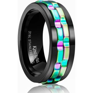 King Will 316L Stainless Steel Spinner Ring for Men-8mm Gear Fidget Spinner Ring in Multicolors, Anxiety Relief and Stress Free Wedding Band Comfort Fit Size 4-14(Black-Rainbow Gear)