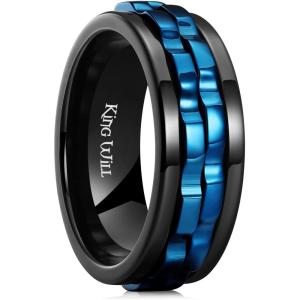 King Will 316L Stainless Steel Spinner Ring for Men-8mm Gear Fidget Spinner Ring in Multicolors, Anxiety Relief and Stress Free Wedding Band Comfort Fit Size 4-14(Black-Blue Gear)