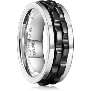 King Will 316L Stainless Steel Spinner Ring for Men-8mm Gear Fidget Spinner Ring in Multicolors, Anxiety Relief and Stress Free Wedding Band Comfort Fit Size 4-14(Silver-Black Gear)