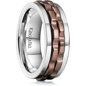 King Will 316L Stainless Steel Spinner Ring for Men-8mm Gear Fidget Spinner Ring in Multicolors, Anxiety Relief and Stress Free Wedding Band Comfort Fit Size 4-14(Sliver-Brown Gear)