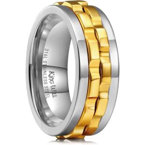 King Will 316L Stainless Steel Spinner Ring for Men-8mm Gear Fidget Spinner Ring in Multicolors, Anxiety Relief and Stress Free Wedding Band Comfort Fit Size 4-14(Silver-Gold Gear)