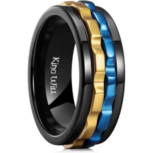 King Will 316L Stainless Steel Spinner Ring for Men-8mm Gear Fidget Spinner Ring in Multicolors, Anxiety Relief and Stress Free Wedding Band Comfort Fit Size 4-14(Black-Gold&Blue Gear)