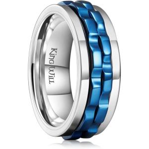King Will 316L Stainless Steel Spinner Ring for Men-8mm Gear Fidget Spinner Ring in Multicolors, Anxiety Relief and Stress Free Wedding Band Comfort Fit Size 4-14(Sliver-Blue Gear)