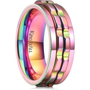 King Will 316L Stainless Steel Spinner Ring for Men-8mm Gear Fidget Spinner Ring in Multicolors, Anxiety Relief and Stress Free Wedding Band Comfort Fit Size 4-14(Pink-Rainbow Gear)