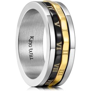 King Will 316L Stainless Steel Spinner Ring for Men-8mm Gear Fidget Spinner Ring in Multicolors, Anxiety Relief and Stress Free Wedding Band Comfort Fit Size 4-14(Sliver-Black&Gold Roman Numerals Gear)