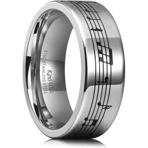 King Will 316L Stainless Steel Wedding Band for Men-8mm Steel/Blue Wedding Ring Polished with Music Staff/Musical Note/Car Design,Comfort Fit for Everyday Wear Size 7-12(Steel and Black)