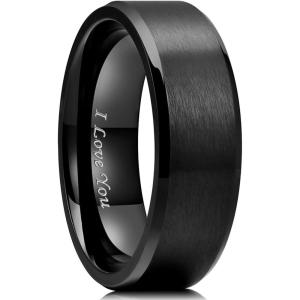 King Will 316L Stainless Steel Wedding Ring for Men Women, 2mm-8mm Width Black/Silver/Gold Wdding Band Laser I Love You Multic Style,Comfort Fit Size 4-16(Black 8mm Beveled)