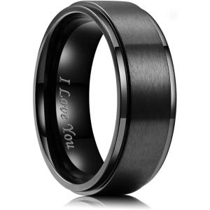 King Will 316L Stainless Steel Wedding Ring for Men Women, 2mm-8mm Width Black/Silver/Gold Wdding Band Laser I Love You Multic Style,Comfort Fit Size 4-16(Black 8mm Step)