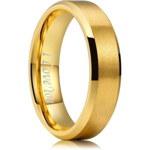 King Will 316L Stainless Steel Wedding Ring for Men Women, 2mm-8mm Width Black/Silver/Gold Wdding Band Laser I Love You Multic Style,Comfort Fit Size 4-16(Gold 6mm Beveled)