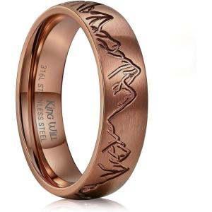 King Will 316L Stainless Steel Wedding Ring for Men Women-6/8mm Nature Collection with Mountain, Waves, Sunrise, Forest Pattern Multicolor Available Comfort Fit Size 7-14(A-Mountain-Brown)