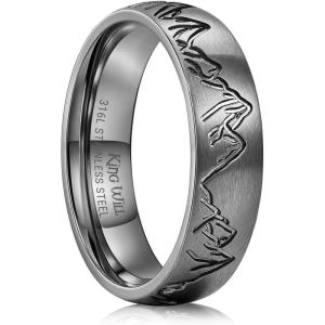 King Will 316L Stainless Steel Wedding Ring for Men Women-6/8mm Nature Collection with Mountain, Waves, Sunrise, Forest Pattern Multicolor Available Comfort Fit Size 7-14(A-Mountain-Gunmetal)