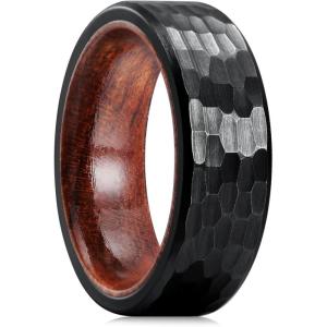 King Will 6/8mm Wedding Band for Men, Silver/Black Hammered Titanium Wedding Ring Inlaid Wood Inner Hole, Wedding Band for Men Matte Brushed Comfort Fit 7-14(D-Black)