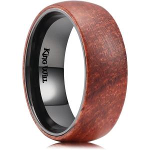 King Will 6/8mm Wedding Band for Men, Silver/Black Hammered Titanium Wedding Ring Inlaid Wood Inner Hole, Wedding Band for Men Matte Brushed Comfort Fit 7-14(B-8mm)