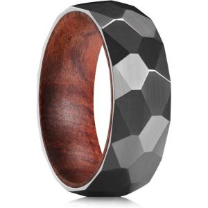 King Will 6/8mm Wedding Band for Men, Silver/Black Hammered Titanium Wedding Ring Inlaid Wood Inner Hole, Wedding Band for Men Matte Brushed Comfort Fit 7-14(C-Black)