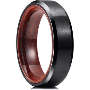 King Will 6/8mm Wedding Band for Men, Silver/Black Hammered Titanium Wedding Ring Inlaid Wood Inner Hole, Wedding Band for Men Matte Brushed Comfort Fit 7-14(A-6mm)