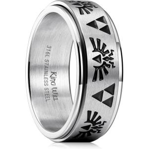 King Will 6mm 7mm 8mm Silver Black Stainless Steel Ring Spinner Ring Anxiety Relief Wedding Ring For Men Women Forest Elk Deer Family/Moon Star/Skull Head/Evil Eye/Poker Pattern Size 7-14(Steel-Zelda)