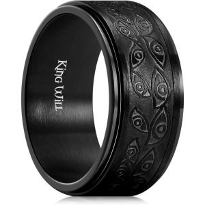 King Will 6mm 7mm 8mm Silver Black Stainless Steel Ring Spinner Ring Anxiety Relief Wedding Ring For Men Women Forest Elk Deer Family/Moon Star/Skull Head/Evil Eye/Poker Pattern Size 7-14(Evil Eye)