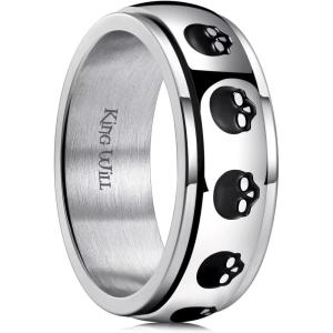 King Will 6mm 7mm 8mm Silver Black Stainless Steel Ring Spinner Ring Anxiety Relief Wedding Ring For Men Women Forest Elk Deer Family/Moon Star/Skull Head/Evil Eye/Poker Pattern Size 7-14(Skull Head)