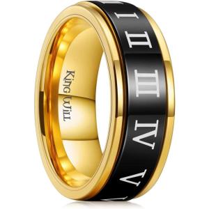 King Will 6mm 7mm 8mm Silver Black Stainless Steel Ring Spinner Ring Anxiety Relief Wedding Ring For Men Women Forest Elk Deer Family/Moon Star/Skull Head/Evil Eye/Poker Pattern Size 7-14(Gold Roman Numerals)