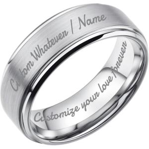 King Will 6mm 8mm 10mm Custom Engraved Tungsten Carbide Ring for Men Women Mens Personalized Wedding Band Silver Black Gold Beveled Edge Matte Brushed Finish Tungsten Ring(Custom-8mm silver Stepped Edge)