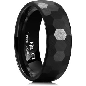 King Will 6mm 8mm Men’s Tungsten Carbide Wedding Ring Hammered Groove Wedding Band Mens Two Tone Black/Silver/Gold/Brown Engagement Ring for Men and Women Matte Brushed Finish Comfort Fit Size 6-14(8mm Blcck Hexagon)