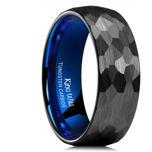 King Will 6mm 8mm Men’s Tungsten Carbide Wedding Ring Hammered Groove Wedding Band Mens Two Tone Black/Silver/Gold/Brown Engagement Ring for Men and Women Matte Brushed Finish Comfort Fit Size 6-14(Black & Blue 8mm)