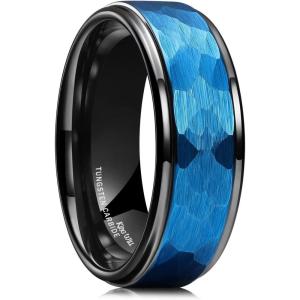 King Will 6mm 8mm Men’s Tungsten Carbide Wedding Ring Hammered Groove Wedding Band Mens Two Tone Black/Silver/Gold/Brown Engagement Ring for Men and Women Matte Brushed Finish Comfort Fit Size 6-14(8mm Blue & Black)