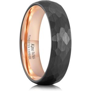 King Will 6mm 8mm Men’s Tungsten Carbide Wedding Ring Hammered Groove Wedding Band Mens Two Tone Black/Silver/Gold/Brown Engagement Ring for Men and Women Matte Brushed Finish Comfort Fit Size 6-14(6MM Rose Gold-Black)