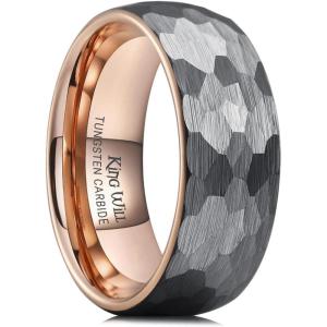 King Will 6mm 8mm Men’s Tungsten Carbide Wedding Ring Hammered Groove Wedding Band Mens Two Tone Black/Silver/Gold/Brown Engagement Ring for Men and Women Matte Brushed Finish Comfort Fit Size 6-14(A 8MM Rose Gold-Silver)