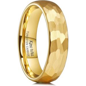 King Will 6mm 8mm Men’s Tungsten Carbide Wedding Ring Hammered Groove Wedding Band Mens Two Tone Black/Silver/Gold/Brown Engagement Ring for Men and Women Matte Brushed Finish Comfort Fit Size 6-14(Gold 6mm)