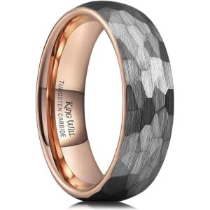King Will 6mm 8mm Men’s Tungsten Carbide Wedding Ring Hammered Groove Wedding Band Mens Two Tone Black/Silver/Gold/Brown Engagement Ring for Men and Women Matte Brushed Finish Comfort Fit Size 6-14(A 6MM Rose Gold-Silver)