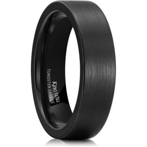 King Will 6mm 8mm Tungsten Wedding Rings for Men Black/Silver/Gunmetal Plated Pipe Cut Brushed Men’s Wedding Band Gifts for Him Size 7-14 Comfort Fit(A-Black 6mm)