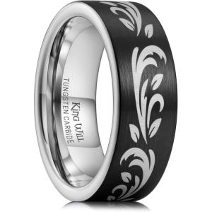 King Will 6mm 8mm Tungsten Wedding Rings for Men Black/Silver/Gunmetal Plated Pipe Cut Brushed Men’s Wedding Band Gifts for Him Size 7-14 Comfort Fit(B-Leaf Pattern)
