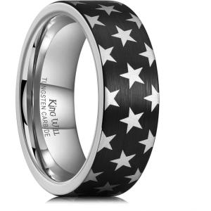 King Will 6mm 8mm Tungsten Wedding Rings for Men Black/Silver/Gunmetal Plated Pipe Cut Brushed Men’s Wedding Band Gifts for Him Size 7-14 Comfort Fit(Black Star)