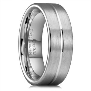 King Will 6mm 8mm Tungsten Wedding Rings for Men Black/Silver/Gunmetal Plated Pipe Cut Brushed Men’s Wedding Band Gifts for Him Size 7-14 Comfort Fit(C-Silver Groove)