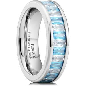 King Will 6mm Women Eternity Rings Colorful CZ Stackable Bands Polished Stainless Steel Anniversary Band Pipe Cut Engagement Ring Durable Comfort Fit Size 6-10(Blue&White)