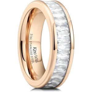 King Will 6mm Women Eternity Rings Colorful CZ Stackable Bands Polished Stainless Steel Anniversary Band Pipe Cut Engagement Ring Durable Comfort Fit Size 6-10(Rose Gold)